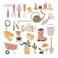 Cute gardening supplies.Vector set of plants and gardening tools. Secateurs, scissors, potted plants, seeds and