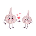 Cute garlic characters with love emotions, face, arms and legs. The funny or happy heroes, vegetable fall in love