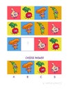 Cute garlic, radish, chanterelle, peas. Logic game for children preschool worksheet activity for kids, task for the development of