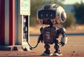 Cute gas station attendant service robot waiting customer for filling the car fuel. Innovative technology and Occupation concept.