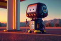 Cute gas station attendant service robot waiting customer for filling the car fuel. Innovative technology and Occupation concept.