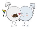 Cute gay couple like male symbols with rainbow pennant, Vector illustration