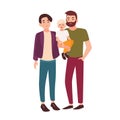 Cute gay couple standing together and holding little child. Pair of smiling men and their kid. Homosexual family. Flat Royalty Free Stock Photo