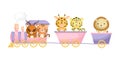 Cute gazelle, tiger, giraffe, jaguar and lion ride on train. Graphic element for childrens book, album, postcard or mobile game.