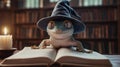 Cute gecko wears wizard hat on old spellbook. Creature studies magic book in library setting. Whimsical image suitable for magic, Royalty Free Stock Photo