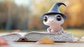 Cute Gecko in a Witch Hat Reading a Book Royalty Free Stock Photo