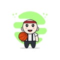 Cute geek boy character holding a basket ball Royalty Free Stock Photo