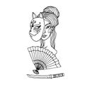 Cute geisha with fox mask, fan & blade, concept of dangerous love