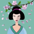 Cute geisha vector with sakura flowers branch isolated on light green background