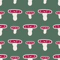 Cute gender neutral toadstool vector pattern. Fungi fly agaric home decor cartoon mushroom. Seamless boho poisonous