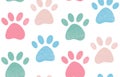 Cute gentle seamless pattern with crayon pencil textured pet paw in pastel colors. Vector background with dog or cat leg footprint