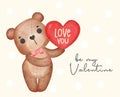 Cute gentleman brown teddy bear hold red heart pillow, Be my Valentine, adorable cartoon watercolor hand drawn vector Royalty Free Stock Photo