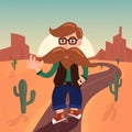 Cute gentleman hipster cartoon charactor with long mustache walk Royalty Free Stock Photo