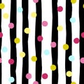 Cute geometric seamless pattern . Polka dots and stripes. Brush strokes. Hand drawn grunge texture. Abstract forms. Endless