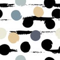 Cute geometric seamless pattern . Polka dots and stripes. Brush strokes. Hand drawn grunge texture. Abstract forms. Endless