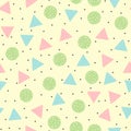 Cute geometric seamless pattern. Round and triangular colored shapes. Drawn by hand.