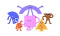 Cute geometric shapes team. Geometry figures with faces. Funny childish characters, humanoid elements. Abstract society