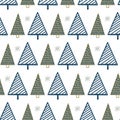 Cute geometric simple winter seamless pattern background with Christmas tree doodles and snowflake in childish hand drawn style
