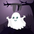 A cute ghost on the background of a mystical forest, branches and cobwebs at night in a cartoon style. Royalty Free Stock Photo