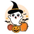 Cute Ghost boy Halloween vector illustration with pumpkin, hearts, and bats. Royalty Free Stock Photo