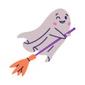 Cute Ghost Character as Flying Poltergeist Creature with Broom Vector Illustration