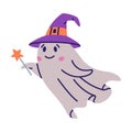 Cute Ghost Character as Flying Poltergeist Creature in Hat with Magic Wand Vector Illustration