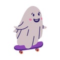 Cute Ghost Character as Flying Poltergeist Creature Ride Skateboard Vector Illustration