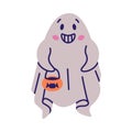 Cute Ghost Character as Flying Poltergeist Creature with Treat Basket Vector Illustration
