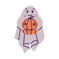 Cute Ghost Character Hold Pumpkin as Flying Poltergeist Creature Vector Illustration