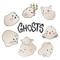 Cute ghost characters set. Halloween party hand drawn lettering and sketch. Fun colorful greeting card, illustration Royalty Free Stock Photo