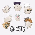 Cute ghost characters set. Halloween party hand drawn lettering and sketch. Fun colorful greeting card, illustration Royalty Free Stock Photo