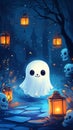 cute ghost floating in the middle of the forest with tree branches and bright lanterns Royalty Free Stock Photo