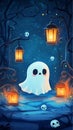 cute ghost floating in the middle of the forest with tree branches and bright lanterns Royalty Free Stock Photo