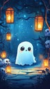 cute ghost floating in the middle of the forest with tree branches and bright lanterns Royalty Free Stock Photo