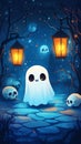 cute ghost floating in the middle of the forest with tree branches and bright lanterns Royalty Free Stock Photo