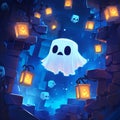 cute ghost floating in the middle of the forest with tree branches and bright lanterns Royalty Free Stock Photo