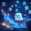 cute ghost floating in the middle of the forest with tree branches and bright lanterns Royalty Free Stock Photo