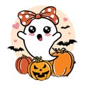 Cute Ghost girl Halloween vector illustration with pumpkin, hearts, and bats.