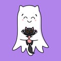 Cute ghost. Halloween ghost character hugs black cat. Spooky expression creature. Sticker emoticon with hugging emotion