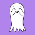 Cute ghost. Halloween ghost character covers eyes with hands. Spooky expression creature. Sticker emoticon fright