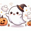 Cute Ghost Halloween isolated on white background, Clipart Sticker illustration Design 10