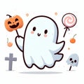 Cute Ghost Halloween isolated on white background, Clipart Sticker illustration Design 7