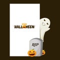 Cute ghost and headstone with happy halloween illustration