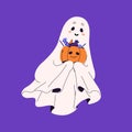 Cute ghost hold basket with sweets. Happy spook carry candy box. Flying spirit with pumpkin. Funny phantom fly, smile