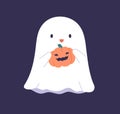 Cute ghost holding jack pumpkin with face. Funny Halloween spook smiling. Happy spooky phantom character for October Royalty Free Stock Photo