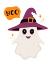 Halloween card with cute ghost in witch hat