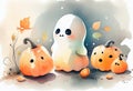 Cute ghost by the pumpkins. AI Generated
