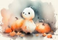 Cute ghost by the pumpkins. AI Generated