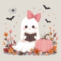 Cute ghost reading a book surrounded by fall flowers and halloween decorations Royalty Free Stock Photo