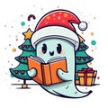 ghost in santa hat reading a book christmas artwork